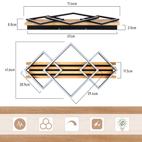 Plafonnier LED Bois Dimmable (mémoire) : 70cm, 46w, Design Carré Noir – Pour Salon