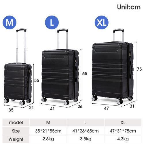 Set De Valises Lot De 3 Abs Poignée Télescopique Serrure Tsa Capacité Extensible Voyages Noir