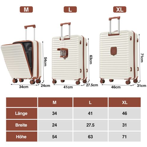 Set De Valises 3 Pièces Abs Poignée Télescopique Conception Ouverture Frontale Porte Boissons Beige