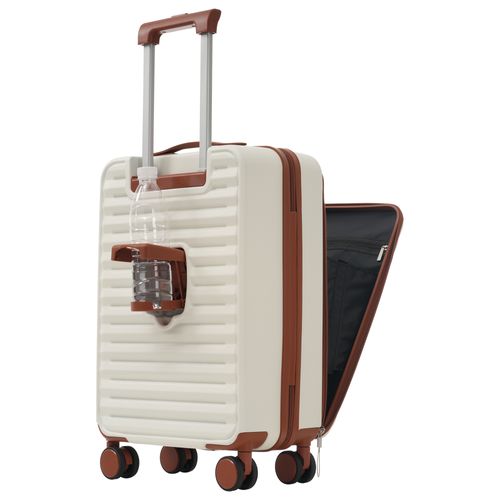 Set De Valises 3 Pièces Abs Poignée Télescopique Conception Ouverture Frontale Porte Boissons Beige