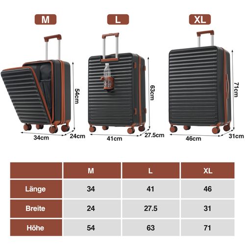 Set De Valises 3 Pièces Abs Poignée Télescopique Conception Ouverture Frontale Porte Boissons Noir