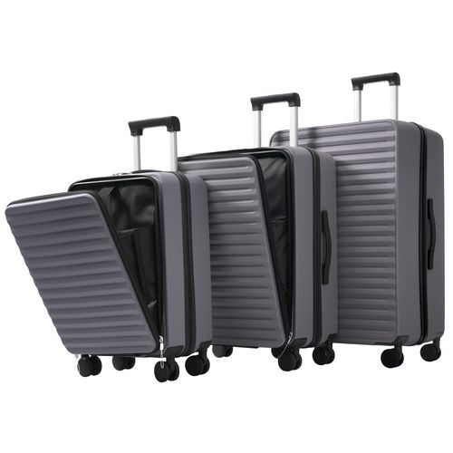 Set De Valises 3 Pièces Abs Poignée Télescopique Conception Ouverture Frontale Porte Boissons Gris
