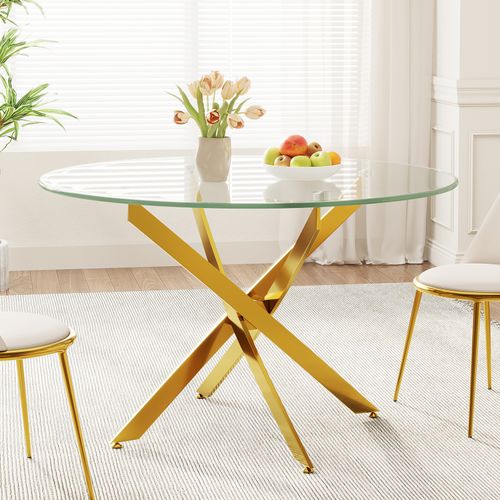 Table à Manger En Verre Ronde 4 Personnes 90×90×75cm Pieds Métal Salon Cuisine Salle à Manger Doré