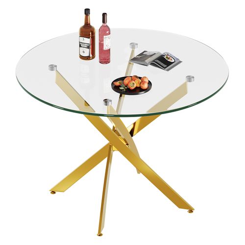 Table à Manger En Verre Ronde 4 Personnes 90×90×75cm Pieds Métal Salon Cuisine Salle à Manger Doré