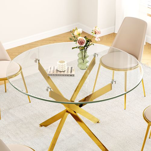 Table à Manger En Verre Ronde 4 Personnes 90×90×75cm Pieds Métal Salon Cuisine Salle à Manger Doré