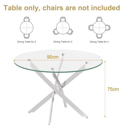 Table à Manger En Verre Ronde 4 Personnes 90×90×75cm Pieds Métal Salon Cuisine Salle à Manger Argent