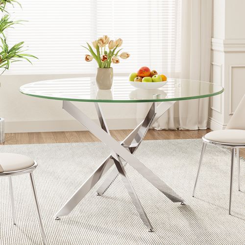 Table à Manger En Verre Ronde 4 Personnes 90×90×75cm Pieds Métal Salon Cuisine Salle à Manger Argent