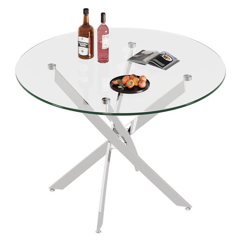 Table à Manger En Verre Ronde 4 Personnes 90×90×75cm Pieds Métal Salon Cuisine Salle à Manger Argent