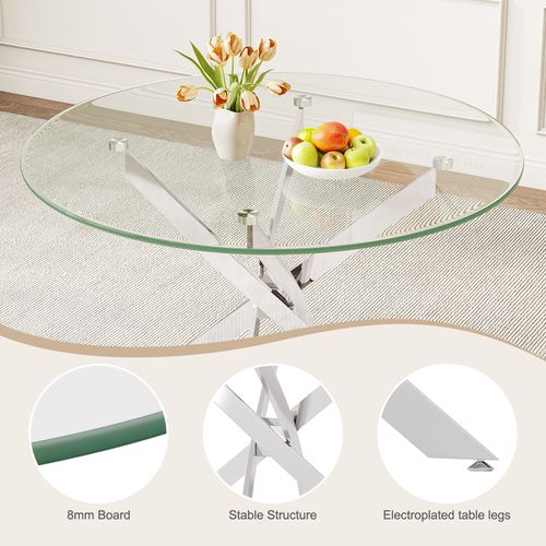 Table à Manger En Verre Ronde 4 Personnes 90×90×75cm Pieds Métal Salon Cuisine Salle à Manger Argent