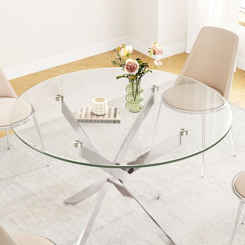 Table à Manger En Verre Ronde 4 Personnes 90×90×75cm Pieds Métal Salon Cuisine Salle à Manger Argent