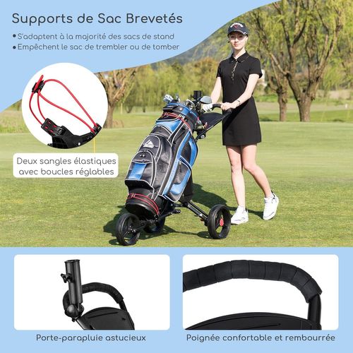 Chariot De Golf 3 Roues Pliable Noiravec Porte-parapluie En Aluminium Frein Au Pied