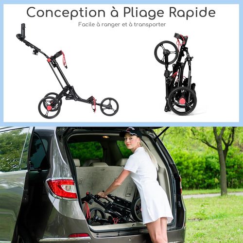 Chariot De Golf 3 Roues Pliable Noiravec Porte-parapluie En Aluminium Frein Au Pied