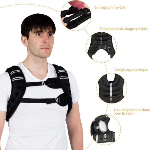 Veste Lestée 5kg Réglable Pour Poids Entrainement Et Musculation Exercice Noir