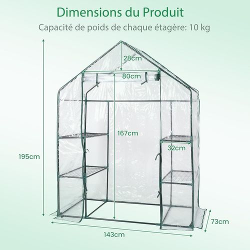 Serre De Jardin Avec 4 Étagères, Cadre En Fer, Bâche Résistante, 143 X 73 X 195 Cm