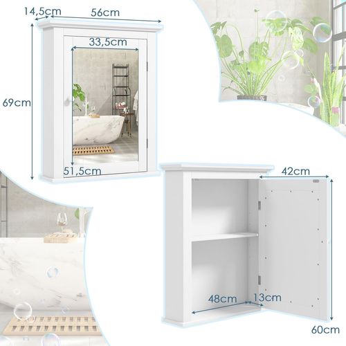 Armoire De Toilettes Mural Salle De Bains Avec Portes Et Miroirs Ajustable 56 X 14,5 X 69 Cm Blanc