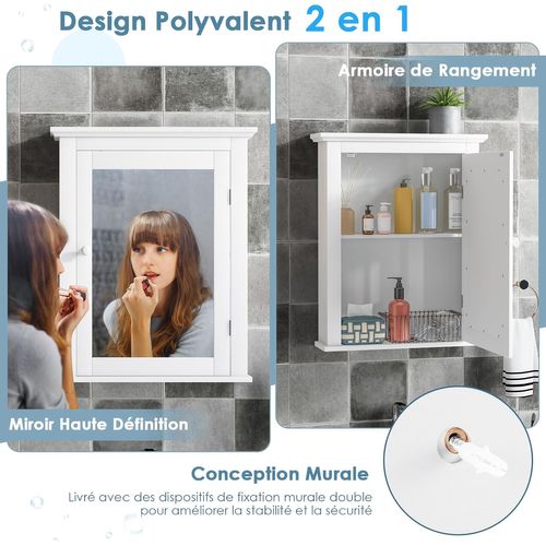 Armoire De Toilettes Mural Salle De Bains Avec Portes Et Miroirs Ajustable 56 X 14,5 X 69 Cm Blanc