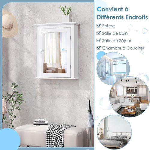 Armoire De Toilettes Mural Salle De Bains Avec Portes Et Miroirs Ajustable 56 X 14,5 X 69 Cm Blanc