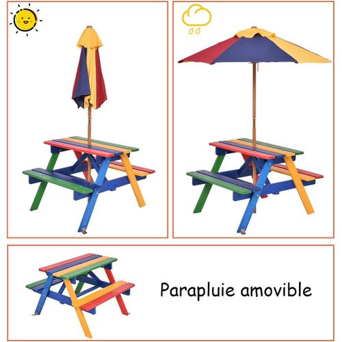 Table Pique-nique Avec Parasol Amovible En Bois De Sapin 79 X 71 X 52,5 Cm/ensemble