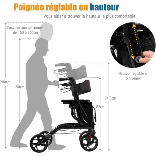 Déambulateur à 4 Roues Pliable En Aluminium, Hauteur Réglable Avec Assise+dossier (noir)