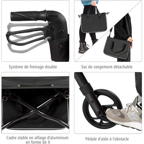 Déambulateur à 4 Roues Pliable En Aluminium, Hauteur Réglable Avec Assise+dossier (noir)