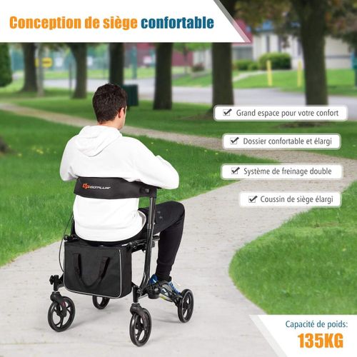 Déambulateur à 4 Roues Pliable En Aluminium, Hauteur Réglable Avec Assise+dossier (noir)