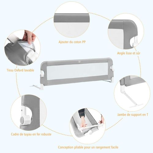 Barrière De Lit Pliable Pour Bébé/enfant Barre De Lit Rabattable Avec Mousse Souple(gris,150 X 42cm)