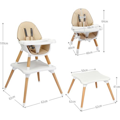 4 En 1 Chaise Haute Bébé Convertible Plateau Réglable Avec Coussin Amovible Pour 6 Mois-3ans (kaki)
