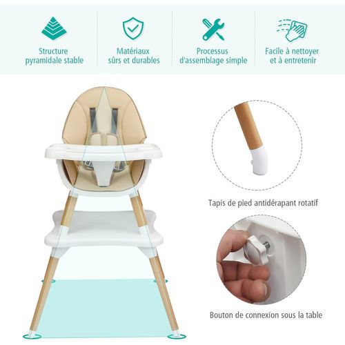 4 En 1 Chaise Haute Bébé Convertible Plateau Réglable Avec Coussin Amovible Pour 6 Mois-3ans (kaki)