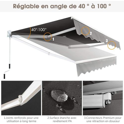 Store Banne Manuel Rétractable De 295 X 250cm Angle Ajustable 40°-100°, Auvent De Terrasse (gris)
