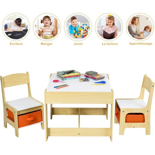 Ensemble Table Et 2 Chaises Enfants/table D'activité 3 En 1 Avec Chaise Fonction De Stockage-naturel