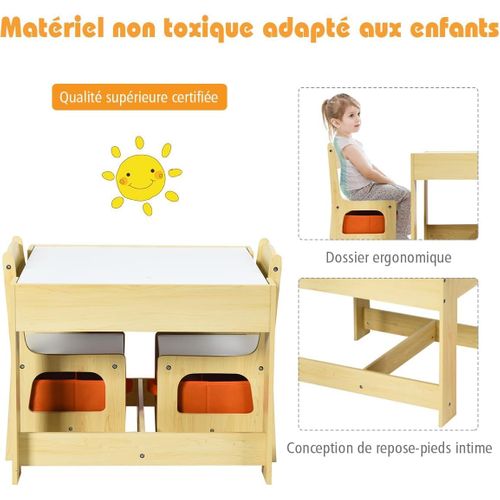 Ensemble Table Et 2 Chaises Enfants/table D'activité 3 En 1 Avec Chaise Fonction De Stockage-naturel