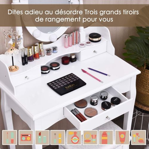 Coiffeuse Avec Eclairage, Miroir Ovale, Pivotant à 360°, Tabouret Rembourré Inclus (blanc)