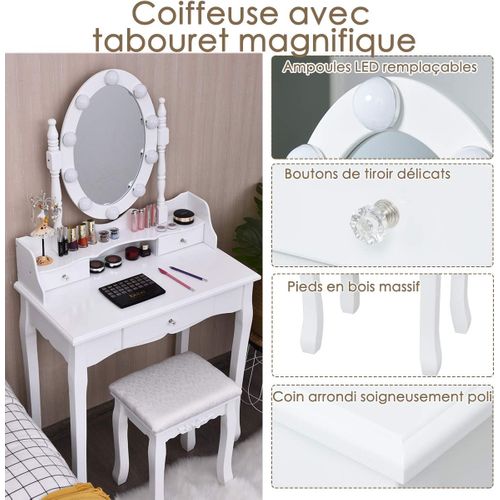 Coiffeuse Avec Eclairage, Miroir Ovale, Pivotant à 360°, Tabouret Rembourré Inclus (blanc)