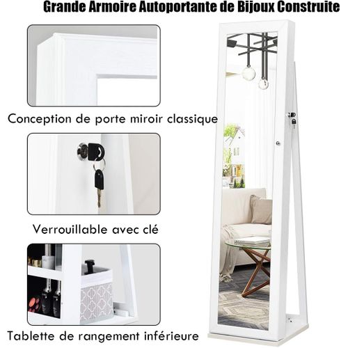 Armoire à Bijou Sur Pieds, Miroir Pleine Longueur Et Miroir De Maquillage Intégré, 37 X 38 X 157 Cm