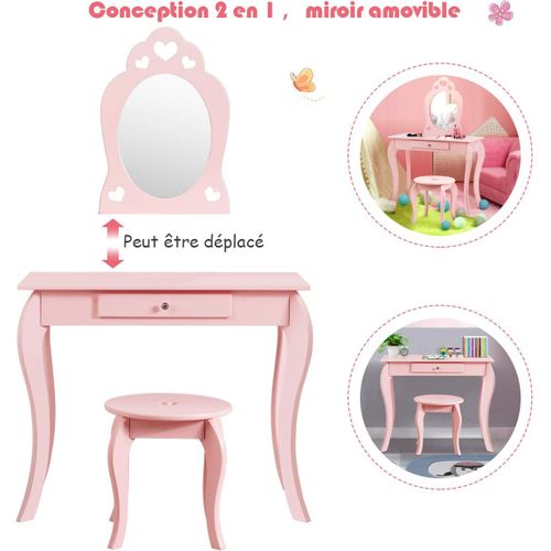 Coiffeuse Pour Enfants Avec Miroir À Trois Volets, Ensemble De Coiffeuse 2-en-1 Avec Dessus