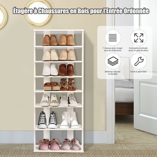 Etagère De Rangement Pour Chaussures En Bois, Avec 7 Niveaux, Blanc