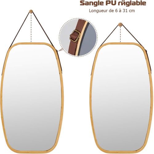 Miroir Mural Suspendu Avec Cadre En Bambou Et Sangle En Cuir Réglable, Coin Arrondi
