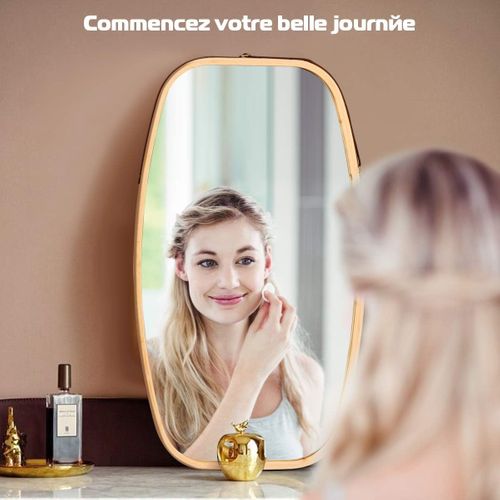 Miroir Mural Suspendu Avec Cadre En Bambou Et Sangle En Cuir Réglable, Coin Arrondi