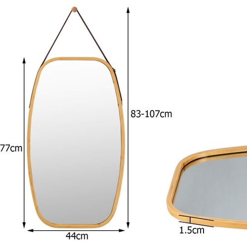 Miroir Mural Suspendu Avec Cadre En Bambou Et Sangle En Cuir Réglable, Coin Arrondi