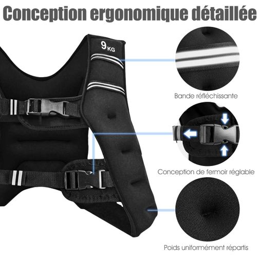 Gilet Lesté De 9kg Réglable Pour Cross Training Bande Réflectrice Noir Veste Lesté