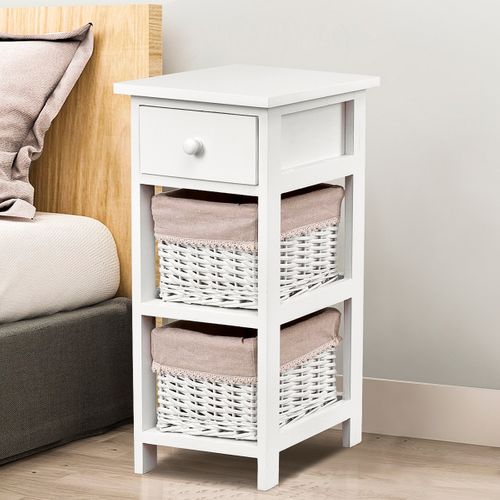 Table De Chevet Table De Nuit En Bois De Paulownia Avec 1 Tiroir Et 2 Panier D'osier Amovible(blanc)