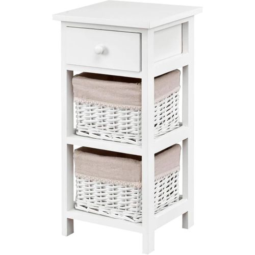 Table De Chevet Table De Nuit En Bois De Paulownia Avec 1 Tiroir Et 2 Panier D'osier Amovible(blanc)