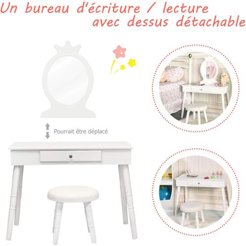 Coiffeuse Avec Tabouret Pour Enfants, Style Princesse Européenne Avec Tiroir Et Miroir Blanc