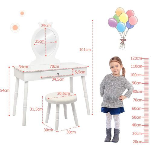 Coiffeuse Avec Tabouret Pour Enfants, Style Princesse Européenne Avec Tiroir Et Miroir Blanc