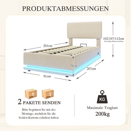 Lit 90x200 Cm LED-usb Relevage Hydraulique Tête Lit Réglable Velours Côtelé - Beige