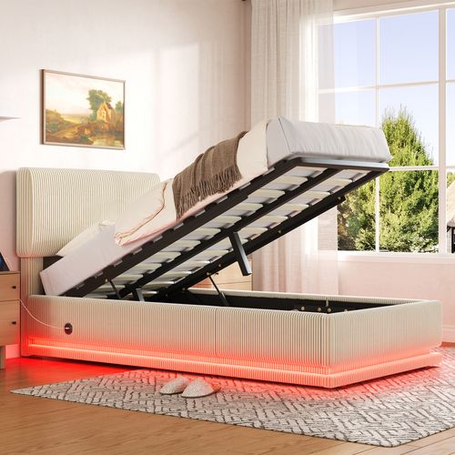 Lit 90x200 Cm LED-usb Relevage Hydraulique Tête Lit Réglable Velours Côtelé - Beige