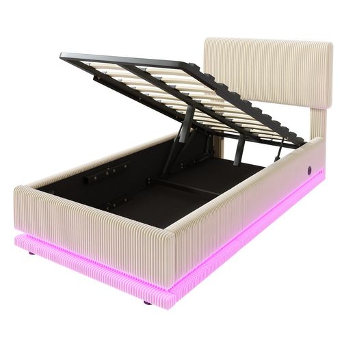 Lit 90x200 Cm LED-usb Relevage Hydraulique Tête Lit Réglable Velours Côtelé - Beige