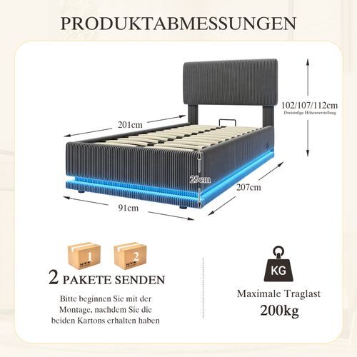 Lit 90x200 Cm LED-usb Relevage Hydraulique Tête Lit Réglable Velours Côtelé - Gris