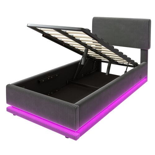 Lit 90x200 Cm LED-usb Relevage Hydraulique Tête Lit Réglable Velours Côtelé - Gris