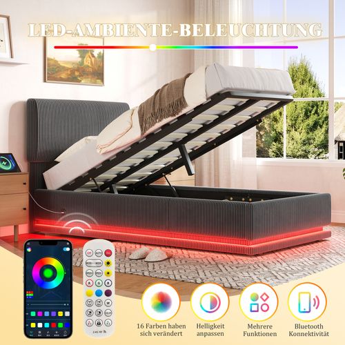 Lit 90x200 Cm LED-usb Relevage Hydraulique Tête Lit Réglable Velours Côtelé - Gris